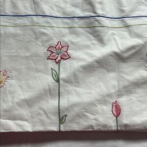 Pottery Barn Embroidered Floral Duvet/Pillowcase - Pink & Green Flowers on White